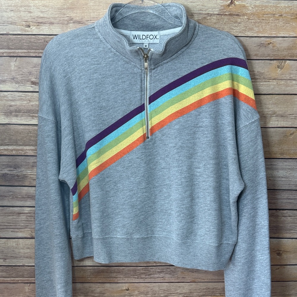 Wildfox Gray Zip Up with Rainbow Stripes